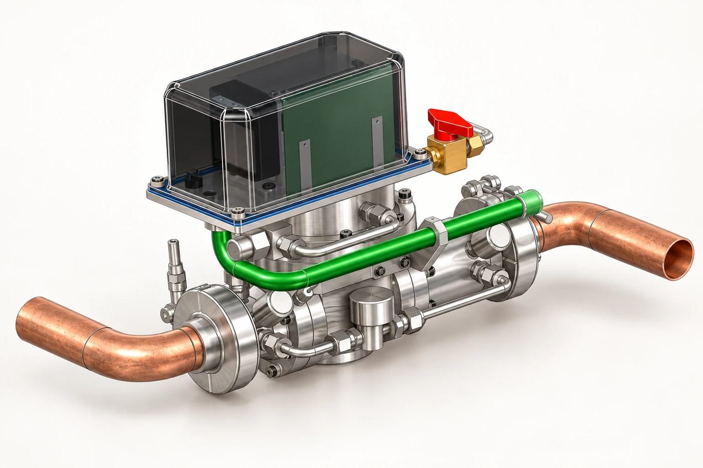 Integrated flow-control valve with copper inlet and outlet, refreshed visualization