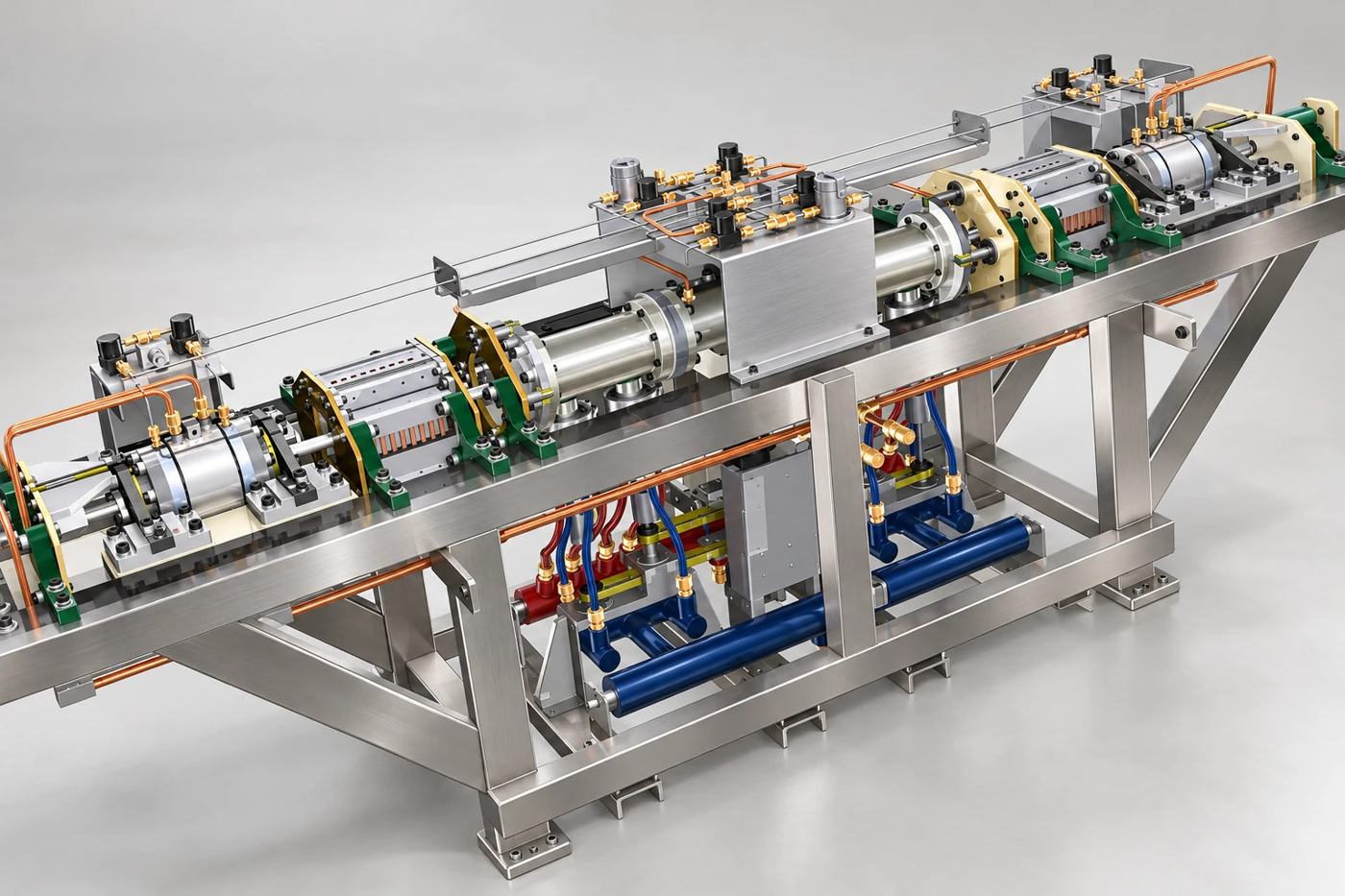 Rankine-cycle linear generator assembly on a steel frame, refreshed CAD visualization